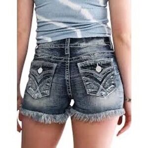 Y2K WallFlower Womens Blue Denim Cut-off Shorts Size 5 Embroidered Flap Frayed
